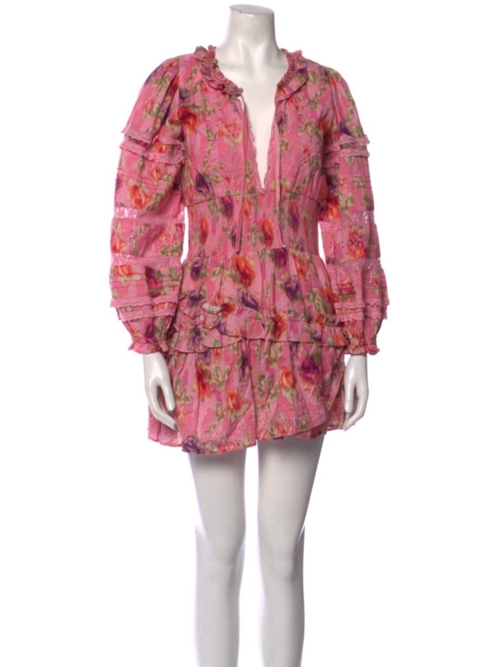 LoveShackFancy Pink Floral Tiered Ruffle Mini Dress